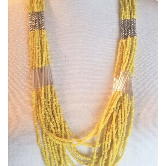 Multi-Strand Necklace Yellow Seed Bead Silver Tubes and Balls - Picture 2 of 6
